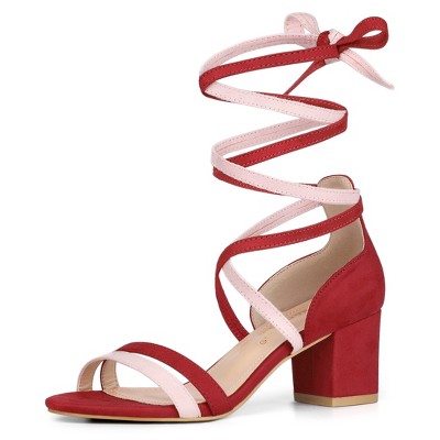 Allegra K Women's Faux Suede Open Toe Color Block Heel Lace Up Sandals