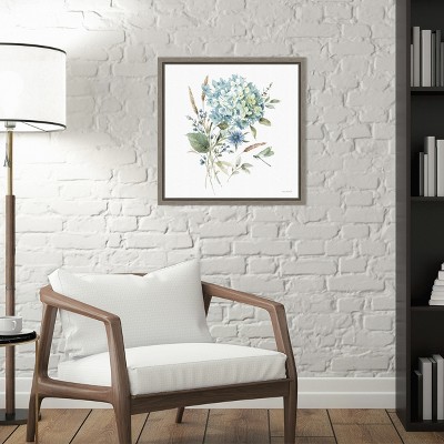 Blue Floral Bouquet Canvas Wall Art Print with Gray Frame