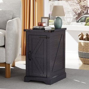 Farmhouse Nightstand with Charging Station & Barn Door & Adjustable Shelf, Rustic Sofa Side Table for Living Room, Bedroom - 1 of 4