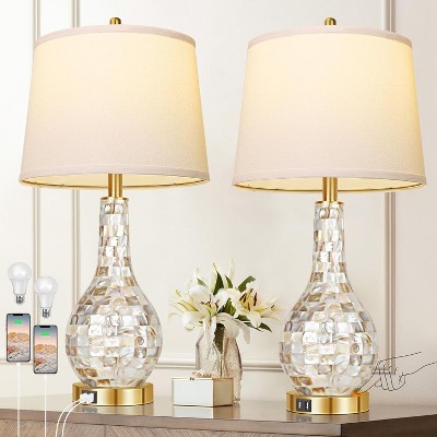 ROTTOGOON 26" Table Lamps Gold Modern Coastal Shell Pearl Tiles Bedside Lamp USB Ports 3-Way Touch Control 2700K LED Bulbs 2-Pack