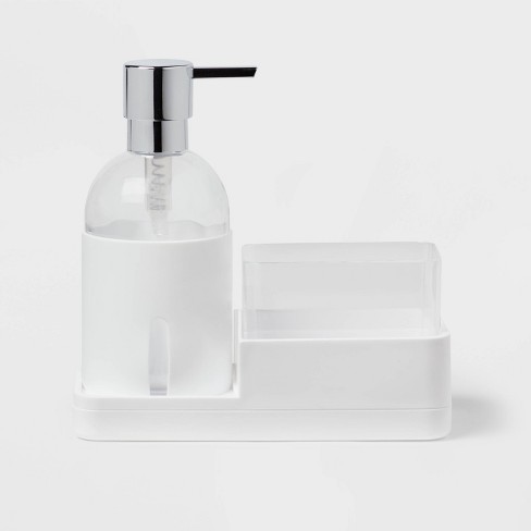 Plastic Soap Pump With Silicone Holder With Caddy & Tray White