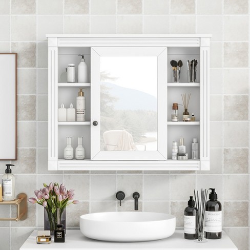 Tangkula Bathroom Medicine Cabinet with Mirror, Wall Mounted Bathroom Storage Cabinet w/Mirror Door & 6 Open Shelves, Adjustable Shelves, Mirror