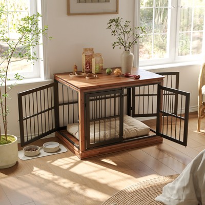 42in Large Dog Crate Furniture – Solid Wood Indoor Dog Kennel With 4 Silent Escape-proof Doors, End Table Style Decorative Crate