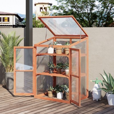 Natural Wood Mini Greenhouse with Adjustable Shelves and Transparent Panels