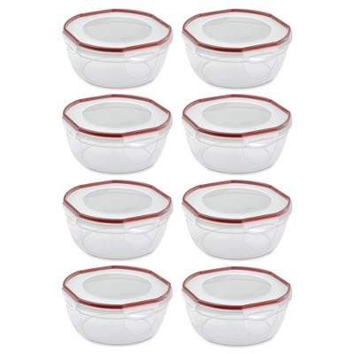 Sterilite Ultra-Seal 8.1 Qt Bowl, Large Airtight Food Storage Container,  Latching Lid, Microwave and Dishwasher Safe, Clear With Red Gasket, 4-Pack