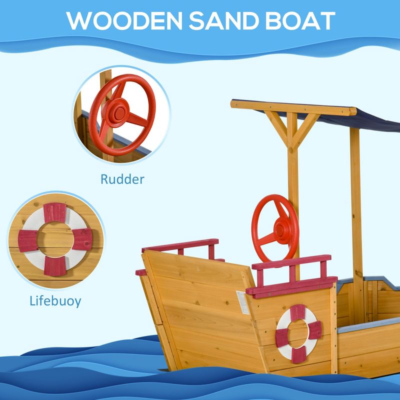 Outsunny Wooden Pirate Sandbox for Kids, Covered Children Sand boat Outdoor, w/ Storage Bench, Sun Protective Canopy Cover, Ages 3-8 Years Old, Orange, 5 of 7