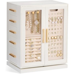 360° Rotating Jewelry Box with Clear Window, Vertical Organizer for Earrings, Bracelets, Necklaces & Rings, White - 1 of 4