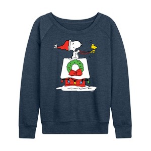 Women's - Peanuts - Snoopy and Woodstock House Sleigh Lightweight French Terry Wide Neck Long Sleeve Shirt - 1 of 4