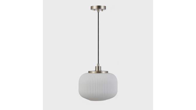 Novogratz X Globe Lily 1-Light Matte Brass Pendant Lighting with Frosted Ribbed Glass Shade - Globe Electric, 2 of 12, play video