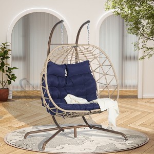 Osparple 2-Seat Hammock Egg Chair with Stand,Brown Wicker Rattan Patio Egg Swing Chair with UV Resistant Cushion for Indoor Outdoor Porch - 1 of 4