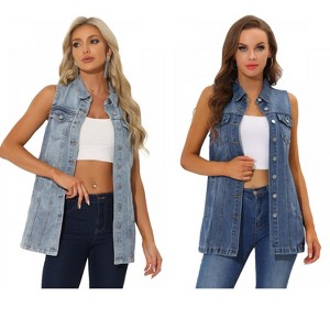 INSPIRE CHIC Women's Sleeveless Casual Button-Down Side Pockets Long Jean Vests 2 Packs - 1 of 4