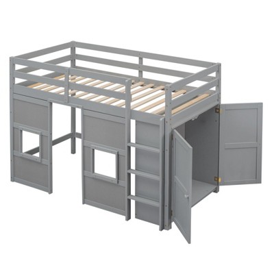 NicBex Twin Low Loft Bed with Built-in Storage Wardrobe and 2 Windows for Kids Teens