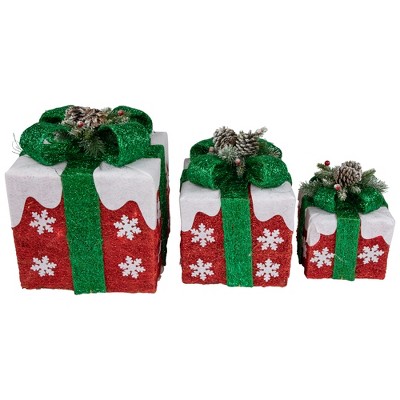 Northlight Set Of 3 Led Lighted Green, Gold And Red Snowy Gift Boxes ...