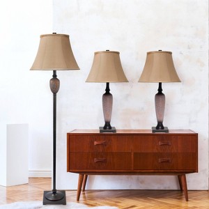 3pc Homely Traditional Valdivian Metal Lamp Set with Empire Fabric Shades Bronze/Light Brown - Lalia Home - 1 of 4