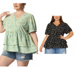 Women's Plus Size 2 Pieces Floral Flare Hem V Neck Short Sleeve Casual Layered Peplum Blouses - Agnes Orinda - 1 of 4
