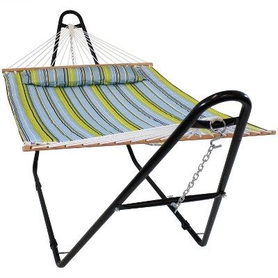 Sunnydaze 2-Person Heavy-Duty Double Quilted Hammock with Multi-Use Universal Steel Stand - 450 lb Weight Capacity - Blue and Green Striped