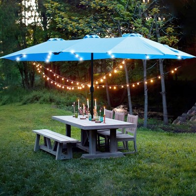 DOMETOUR 15x9ft Large Outdoor Double-Sided Patio Umbrella with Light and Base, Rectangular Twin Market Umbrella, Blue