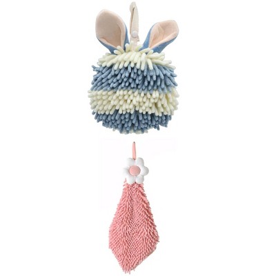 REGALWOVEN 2 Packs Soft Absorbent Flower and Rabbit Shape Decorative Chenille Hand Towel for Bathroom 6" x 15"/7" x 7"