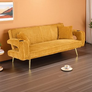 74.01" Corduroy 3-Seater Sofa Bed with 2 Pillows, Metal Feet & Cup Holders - 1 of 4