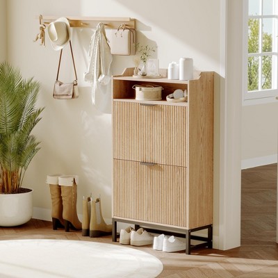 Fluted Shoe Cabinet, Narrow Shoe Storage Cabinet with 2 Flip Drawers and Open Shelf, Storage Organizer for Foyer, Hallway, Front Door