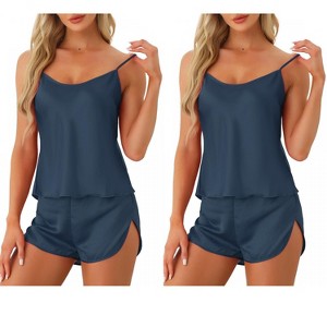 cheibear Women's Silky Camisole Top and Shorts Satin Pajamas Sets 2 Packs - 1 of 4