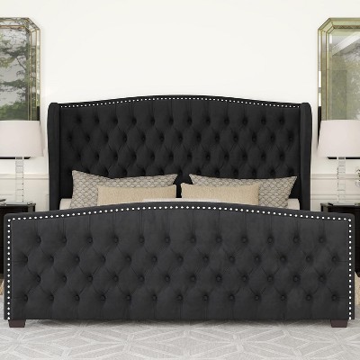 AMERLIFE King Size Platform Bed Frame, Velvet Upholstered Bed with Deep Button Tufted, Black