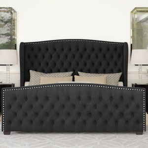 AMERLIFE King Size Platform Bed Frame, Velvet Upholstered Bed with Deep Button Tufted, Black - 1 of 2