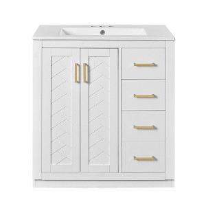 XINGHANZHENXUAN Solid Wood Bathroom Vanity with Ceramic Sink, Freestanding Vanity Set with 3 Drawers & Soft-Close Doors - 1 of 4