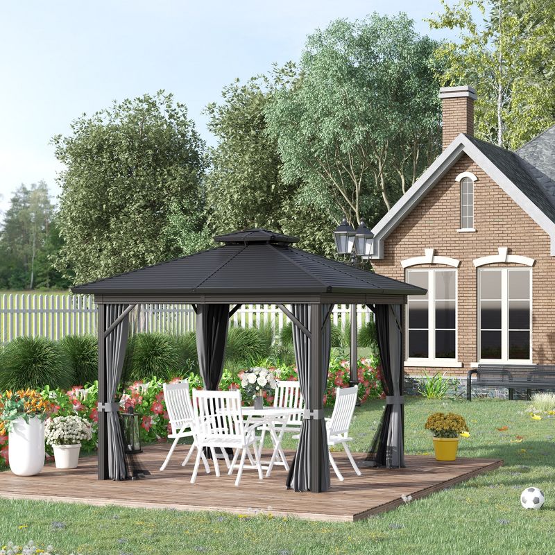 Outsunny 10' x 10' Metal Hardtop Gazebo with Mesh Sidewalls & Curtains, Double Roof Pavilion for Patio, Backyard, Deck, Porch, Gray, 3 of 7