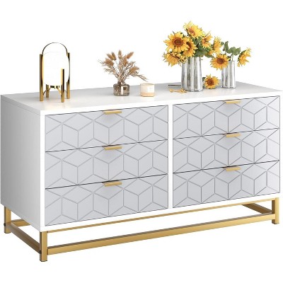 Dresser for Bedroom, 53.5" Large Dresser Organizer, 6 Drawer with Golden Metal Handle and Legs, Modern Chest of Drawers, White Dressers with Drawers