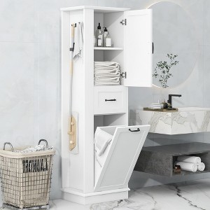 64' Tall Tilt Out Laundry Hamper Cabinet with Drawer and Storage Cabinet, Floorstanding Storage with Towel Rack White - 1 of 4