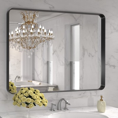 Vynxaria 48x32 Inch Black Aluminum Frame Bathroom Mirror - Modern & Durable Design
