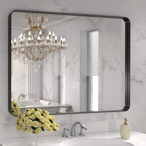 Vynxaria 48x32 Inch Black Aluminum Frame Bathroom Mirror - Modern & Durable Design - 1 of 4