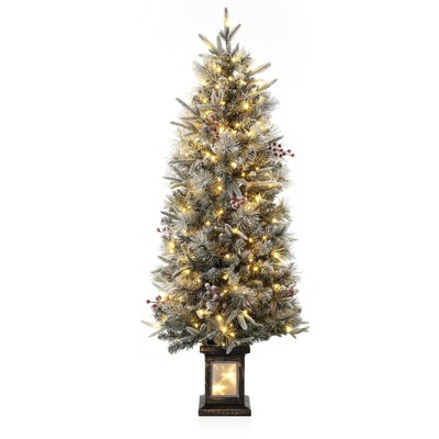 Homhougo 4.5ft Snow Flocked Christmas Tree with Red Berries & Decorative Pot Base, Great for Entrances and Living Spaces