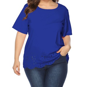 Plus Size Women's Summer Scoop Neck T-Shirts Loose Fit Short Sleeve Hollow Out Casual Tops - 1 of 4