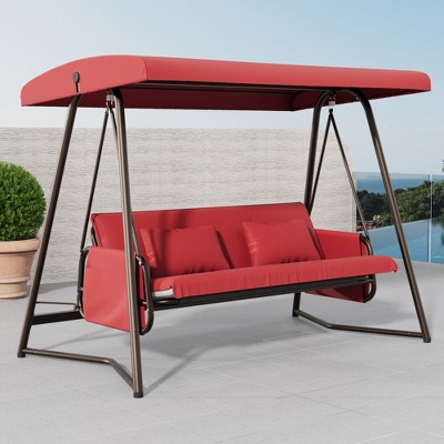 JUJABU Outdoor Patio 3 seaters Metal Swing Chair with Cushion and Adjustable Canopy