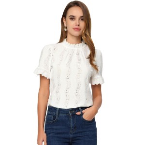 INSPIRE CHIC Women's Crochet Eyelet Mock Neck Puff Sleeve Ruffle Embroidery Blouse - 1 of 4