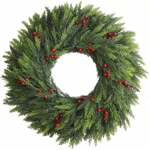 24 Inch Green Faux Norfolk Cedar Winter Wreath with Red Berry Real Pine Christmas Wreath for Front Door Porch Mantel Fireplace Decor - 1 of 4
