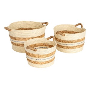 Handwoven Corded Paper and Cattail Striped Baskets with Handles, Natural, Set of 3 - 1 of 4