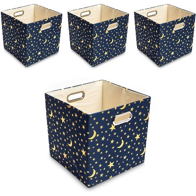 4-Pack Collapsible Fabric Storage Bin Square Foldable Cubes Boxes Organizer, Blue Moon and Stars 11"x11"x11"