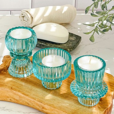 Blue Ribbed Glass Dual-Sided Candlestick and Tealight Holders Set
