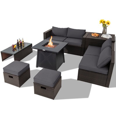 Tangkula 9PCS Outdoor Patio Furniture Set with 30" Propane Fire Pit Table PE Wicker Space-Saving Sectional Sofa Set w/ Storage Box & Cushions