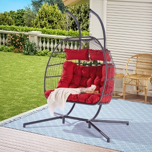 2 Person Hanging Double Swing Chair, Patio Hanging Egg Chair, Basket Swinging Chair, With Stand Patio Wicker Egg Chair - 1 of 4