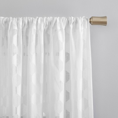 White Geometric Clipped Jacquard Light-Filtering Rod Pocket Curtain Panel