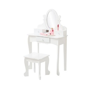 Kids Vanity Set, Makeup Vanity with Mirror & Stool, Wooden Princess Makeup Dressing Table with Drawer and Chair for Girls - 1 of 4