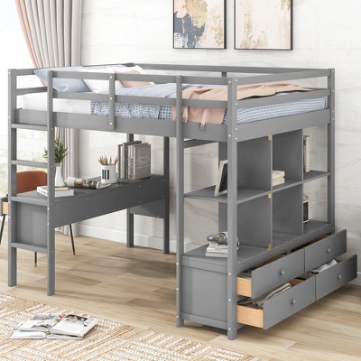 Full Size Loft Bed with Desk,4 Drawers, Storage Shelves and Drawers,Gray