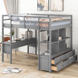 Full Size Loft Bed with Desk,4 Drawers, Storage Shelves and Drawers,Gray - 1 of 4
