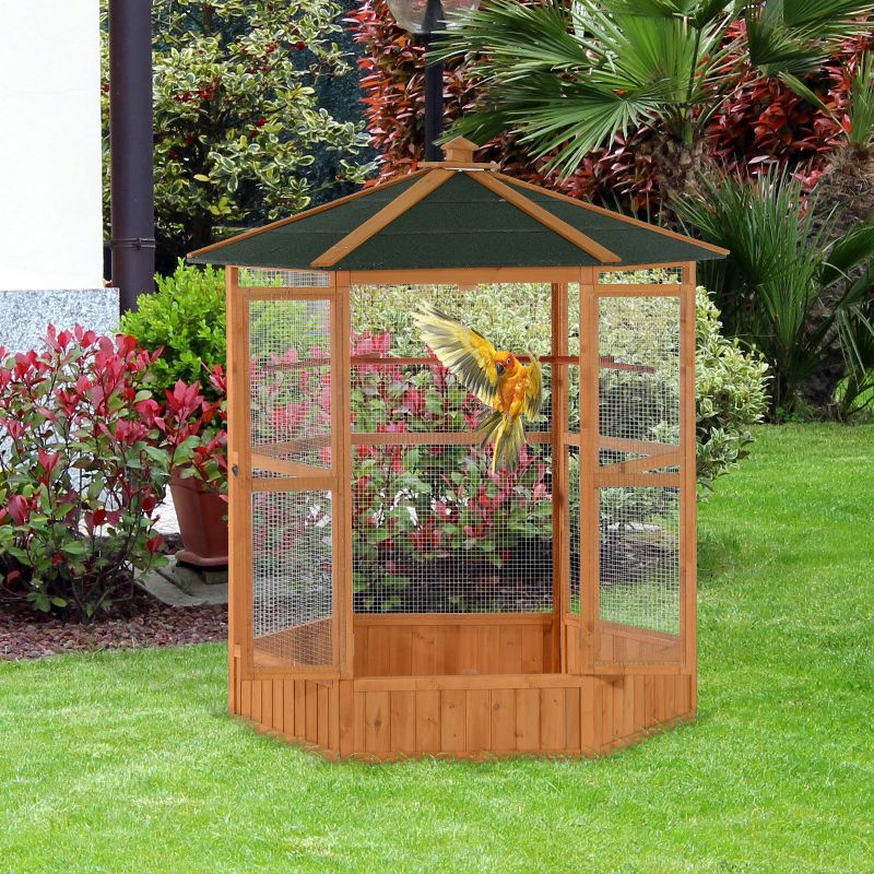PawHut 69" Large Wooden Hexagonal Outdoor Aviary Flight Bird Cage With Covered Roof, 2 of 9