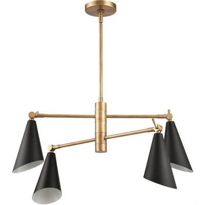 Natural Brass and Matte Black 4-Light Metal Chandelier