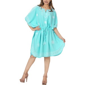LA LEELA Women's House Daily Routine Evening Wear Mini Kaftan Mumu Bikini Dresses Bathing Suit Short Sleeve Vacation Women Caftans 2X-3X Blue, Solid - 1 of 4